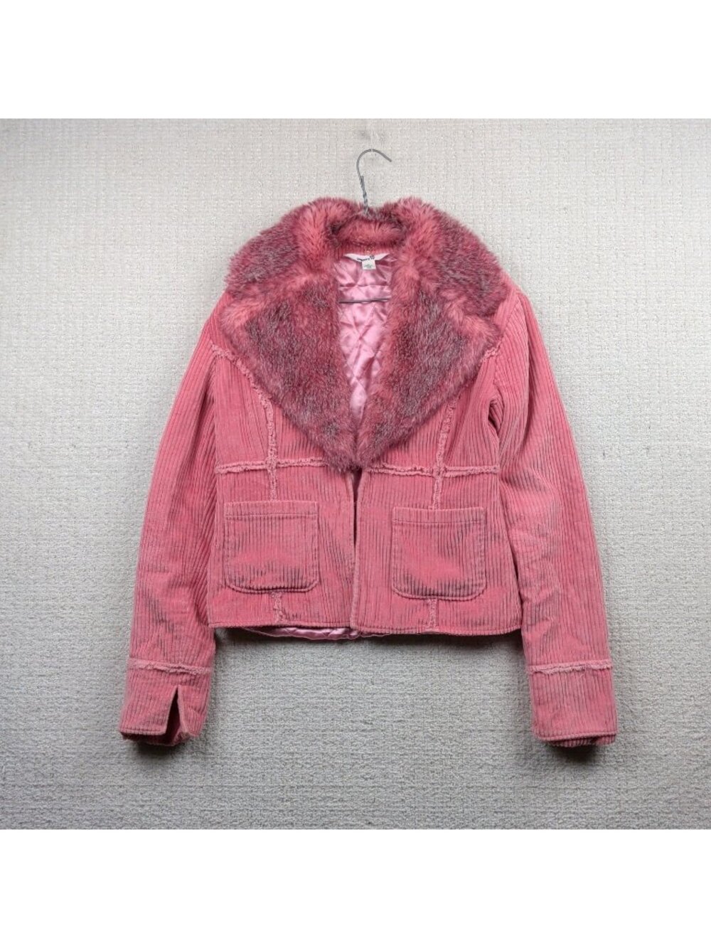 Y2K Sugarfly Corduroy Jacket Faux Fur Sz L Glam Mcbling Coquette Glam Hot Pink